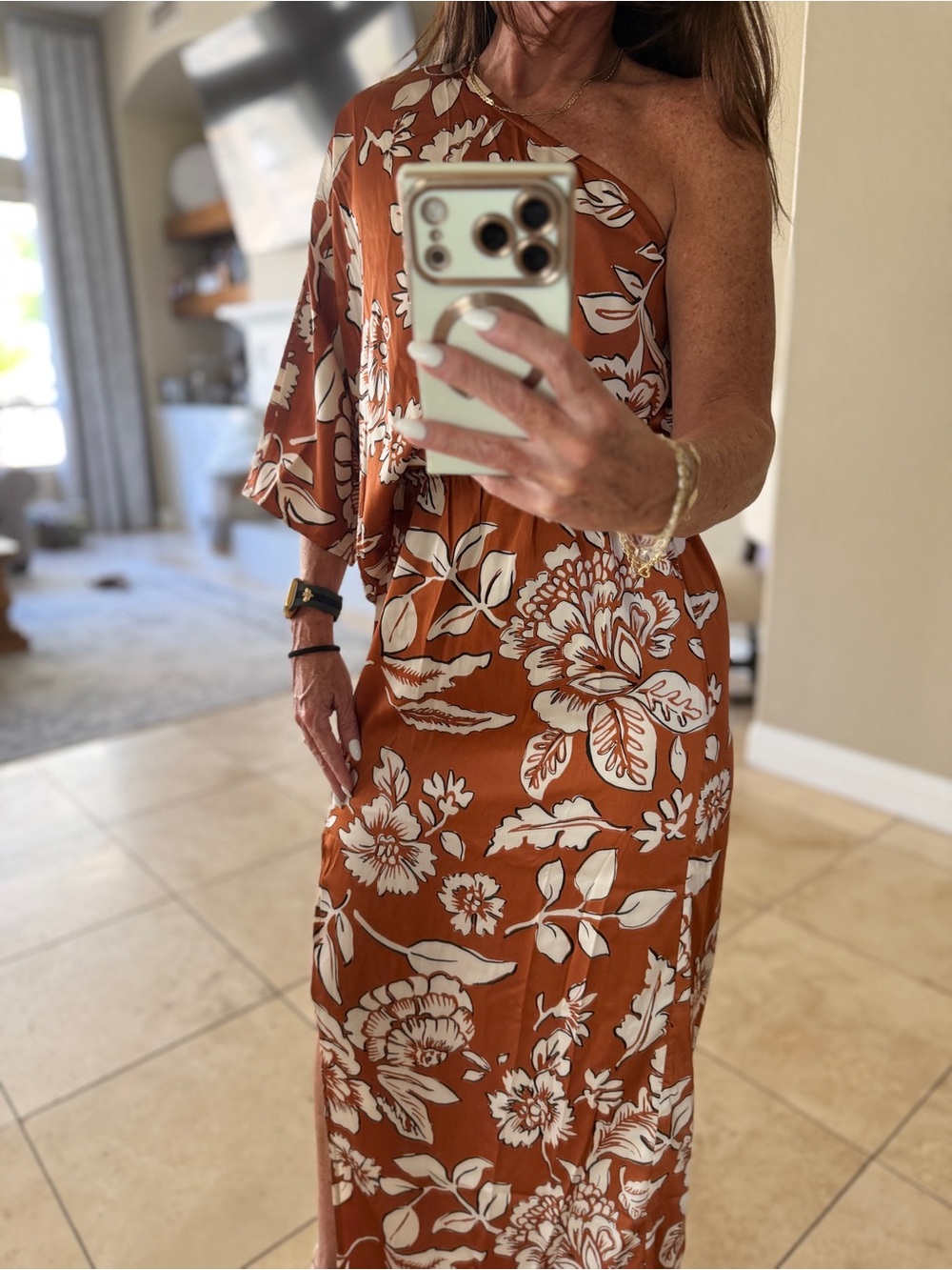 Rust Floral Maxi Dress with Side Slit and Relaxed Fit - Picture 3 of 13